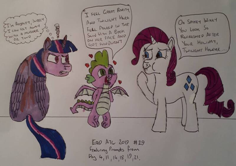 Size: 1505x1057 | Tagged: alicorn, artist:rapidsnap, derpibooru import, dragon, rarity, safe, spike, sunburn, traditional art, twilight sparkle, twilight sparkle (alicorn), winged spike