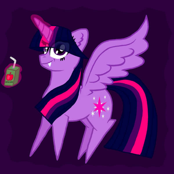 Size: 1000x1000 | Tagged: safe, artist:katya, derpibooru import, twilight sparkle, twilight sparkle (alicorn), alicorn, bat, fruit bat, pony, vampire fruit bat, fangs, juice, juice box, levitation, magic, pointy legs, telekinesis