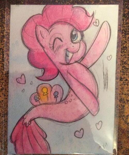 Size: 600x722 | Tagged: artist:marybellamy, cute, derpibooru import, diapinkes, heart, mixed media, one eye closed, pencil drawing, pinkie pie, safe, seaponified, seapony (g4), seapony pinkie pie, signature, smiling, solo, species swap, traditional art, underwater, watercolor painting, waving, wink