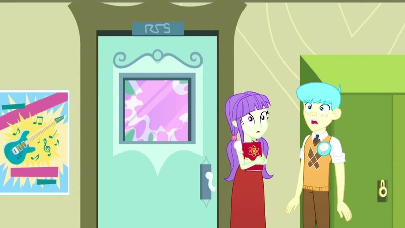 Size: 1280x720 | Tagged: safe, derpibooru import, screencap, bright idea, starlight, epic fails (equestria girls), eqg summertime shorts, equestria girls, background human, door, female, lockers, male, shocked, written equestrian