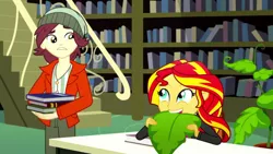 Size: 1280x720 | Tagged: safe, derpibooru import, screencap, normal norman, sunset shimmer, epic fails (equestria girls), eqg summertime shorts, equestria girls, awkward moment, book, concerned, confused, cute, eating, eye contact, female, frown, humans doing horse things, looking at each other, male, nom, shimmerbetes, smiling, sunset wants her old digestive system back