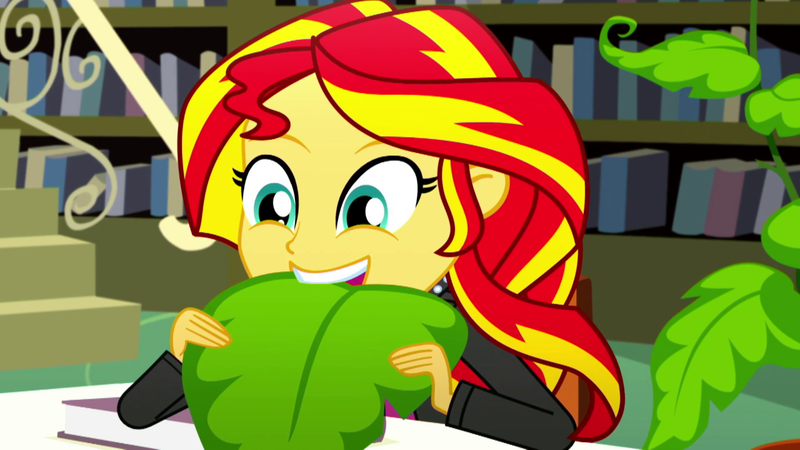 Size: 1280x720 | Tagged: safe, derpibooru import, screencap, sunset shimmer, epic fails (equestria girls), eqg summertime shorts, equestria girls, cute, eating, female, humans doing horse things, nom, shimmerbetes, smiling, solo, sunset wants her old digestive system back