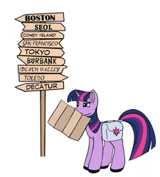 Size: 899x1000 | Tagged: safe, artist:redquoz, derpibooru import, twilight sparkle, pony, unicorn, atg 2019, bag, confused, crossover, female, lost, m*a*s*h, map, mare, newbie artist training grounds, road sign, saddle bag, simple background, solo, unicorn twilight, white background