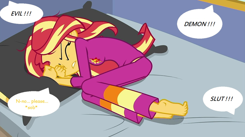 Size: 1280x720 | Tagged: safe, derpibooru import, edit, edited screencap, screencap, sunset shimmer, equestria girls, equestria girls series, wake up!, spoiler:choose your own ending (season 2), spoiler:eqg series (season 2), abuse, background pony strikes again, bully, bullying, clothes, comic sans, feet, offscreen character, pajamas, sad, shimmerbuse, this ended in tears, verbal abuse