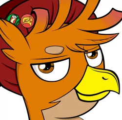 Size: 1730x1692 | Tagged: safe, artist:monsterglad, derpibooru import, edit, oc, oc:krieg the griffon, gryphon, commission, commissioner:genki, i can't believe it's not idw, male, profile picture, self insert, simple background, smug, solo, twewy reference