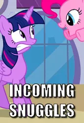 Size: 288x421 | Tagged: alicorn, caption, cropped, derpibooru import, edit, edited screencap, gritted teeth, image macro, pinkie being pinkie, pinkie pie, pounce, princess twilight sparkle (episode), safe, screencap, text, this will end in snuggles, twilight sparkle, twilight sparkle (alicorn)