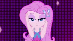 Size: 1920x1080 | Tagged: safe, derpibooru import, screencap, fluttershy, equestria girls, equestria girls series, i'm on a yacht, spoiler:eqg series (season 2), adorasexy, bedroom eyes, cute, geode of fauna, lidded eyes, looking at you, magical geodes, neon eg logo, seductive, sexy, smiling, solo, stupid sexy fluttershy