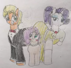 Size: 1280x1213 | Tagged: safe, artist:powerpup97, derpibooru import, ragamuffin (equestria girls), rarity, oc, oc:clarity diamond, ponified, pony, blushing, bowtie, clothes, dress, equestria girls ponified, family, female, jewelry, male, necklace, offspring, parent:ragamuffin, parent:rarity, parents:rarimuffin, pearl necklace, rarimuffin, shipping, straight, traditional art, tuxedo