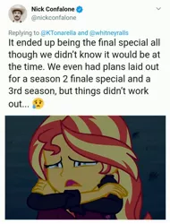 Size: 3106x4096 | Tagged: safe, derpibooru import, sunset shimmer, equestria girls, equestria girls series, sunset's backstage pass!, spoiler:eqg series (season 2), crying, meta, nick confalone, sad, sunsad shimmer, text, the end of equestria girls, twitter