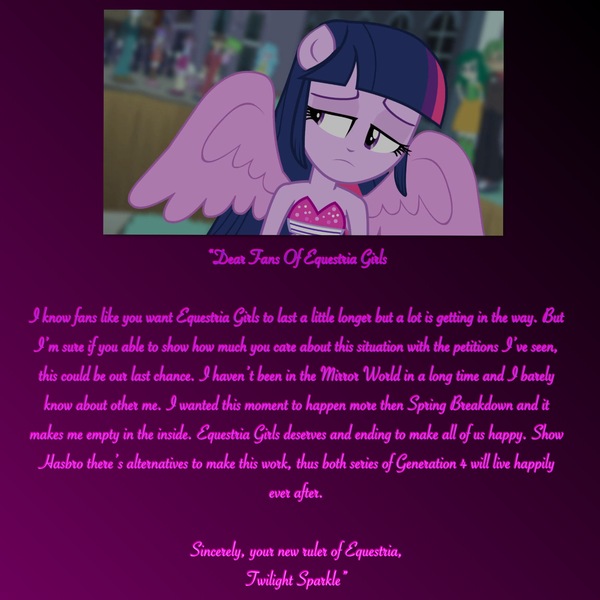 Size: 2304x2304 | Tagged: safe, derpibooru import, editor:lonely fanboy48, twilight sparkle, equestria girls, equestria girls (movie), equestria girls series, spring breakdown, sunset's backstage pass!, spoiler:eqg series (season 2), clothes, dress, message, sad, the end of equestria girls, wings