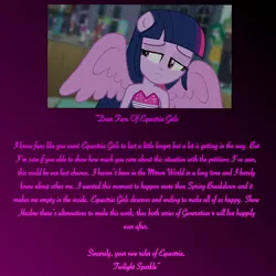Size: 2304x2304 | Tagged: safe, derpibooru import, editor:lonely fanboy48, twilight sparkle, equestria girls, equestria girls (movie), equestria girls series, spring breakdown, sunset's backstage pass!, spoiler:eqg series (season 2), clothes, dress, message, sad, the end of equestria girls, wings