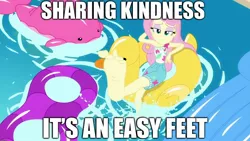 Size: 1920x1080 | Tagged: safe, derpibooru import, edit, edited screencap, screencap, fluttershy, equestria girls, equestria girls series, i'm on a yacht, spoiler:eqg series (season 2), caption, element of kindness, feet, fetish, flutterfeet, foot fetish, image macro, kindness, pun, sexy, sharing kindness, song reference, text, theme song, toes, wiggling toes