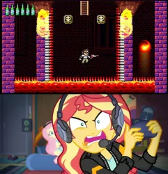 Size: 1920x1995 | Tagged: safe, derpibooru import, edit, screencap, fluttershy, sunset shimmer, equestria girls, equestria girls series, game stream, spoiler:eqg series (season 2), angry video game nerd, psycho gamer sunset, sunset shimmer frustrated at game