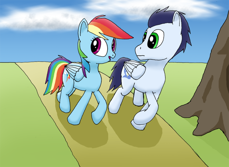 Size: 960x698 | Tagged: safe, artist:soks777, derpibooru import, rainbow dash, soarin', pony, female, male, shipping, soarindash, straight, stroll