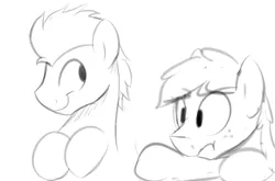 Size: 3333x2205 | Tagged: safe, artist:siggyderp, derpibooru import, braeburn, soarin', earth pony, pegasus, pony, black and white, freckles, frown, grayscale, lineart, male, monochrome, simple background, sketch, smiling, stallion, white background