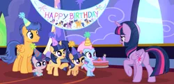 Size: 2525x1218 | Tagged: safe, artist:velveagicsentryyt, derpibooru import, flash sentry, twilight sparkle, twilight sparkle (alicorn), oc, oc:alice (velvetsentryyt), oc:galaxy swirls, oc:starbreaker, oc:velvet sentry, alicorn, dragon, pegasus, pony, unicorn, baby, baby pony, banner, birthday cake, cake, female, filly, flashlight, food, happy birthday, hat, male, offspring, parent:flash sentry, parent:twilight sparkle, parents:flashlight, party hat, shipping, straight