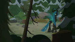 Size: 1280x720 | Tagged: changeling, changeling queen, derpibooru import, female, forest, former queen chrysalis, frenemies (episode), log, pine tree, queen chrysalis, safe, screencap, solo, tree
