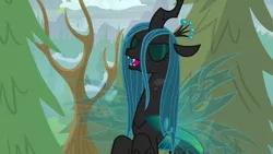 Size: 1920x1080 | Tagged: changeling, changeling queen, derpibooru import, eyes closed, female, former queen chrysalis, frenemies (episode), queen chrysalis, safe, screencap, solo, tree