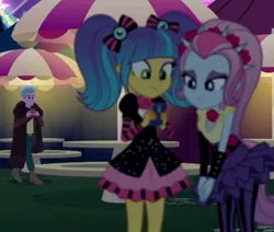 Size: 1020x866 | Tagged: safe, derpibooru import, screencap, pixel pizazz, violet blurr, equestria girls, equestria girls series, sunset's backstage pass!, spoiler:eqg series (season 2), clothes, cool scarf guy, cropped, female, male, miniskirt, mobile phone, outdoors, pantyhose, phone, picnic table, pigtails, skirt, smartphone, spiked headband, table, the snapshots, twintails, umbrella