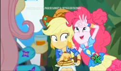 Size: 1518x900 | Tagged: safe, derpibooru import, screencap, applejack, fluttershy, pinkie pie, equestria girls, equestria girls series, sunset's backstage pass!, spoiler:eqg series (season 2), discovery kids, food, glass, juice, orange juice, pancakes, plate