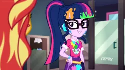 Size: 1280x720 | Tagged: safe, derpibooru import, screencap, sci-twi, sunset shimmer, twilight sparkle, equestria girls, equestria girls series, sunset's backstage pass!, spoiler:eqg series (season 2), bathroom, clothes, discovery family logo, glasses, messy, messy hair, messy mane, painting, ponytail, skirt, smiling