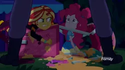 Size: 1366x768 | Tagged: safe, derpibooru import, screencap, max steele, pinkie pie, sunset shimmer, equestria girls, equestria girls series, sunset's backstage pass!, spoiler:eqg series (season 2), angry, broken, discovery family logo, fake smile, food, food cart, framed by legs, night, ruined, sauce, security guard, upset