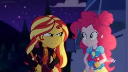 Size: 1366x768 | Tagged: safe, derpibooru import, screencap, pinkie pie, sunset shimmer, equestria girls, equestria girls series, sunset's backstage pass!, spoiler:eqg series (season 2), discovery family logo, geode of empathy, geode of sugar bombs, glow, magical geodes, night, stare, upset