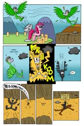 Size: 730x1095 | Tagged: safe, artist:cartoon-eric, derpibooru import, pinkie pie, oc, oc:fred wolfbane, pony, comic:pink. it's what's for dinner, bird costume, canyon, comic, dark cloud, falling, fan, hole, impact silhouette, lightning, roasted, sign