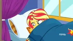 Size: 1366x768 | Tagged: safe, derpibooru import, screencap, equestria girls, equestria girls series, sunset's backstage pass!, spoiler:eqg series (season 2), bed, curtain, discovery family logo, phone, pillow, sleeping, tired, window