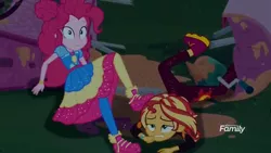 Size: 1366x768 | Tagged: safe, derpibooru import, screencap, pinkie pie, sunset shimmer, equestria girls, equestria girls series, sunset's backstage pass!, spoiler:eqg series (season 2), broken, clothes, crashed, discovery family logo, food, injured, night, ruined, sauce, shoes, sneakers