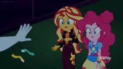 Size: 1366x768 | Tagged: safe, derpibooru import, screencap, max steele, pinkie pie, sunset shimmer, equestria girls, equestria girls series, sunset's backstage pass!, spoiler:eqg series (season 2), bands, discovery family logo, dropping, kicked out, night