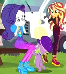 Size: 682x768 | Tagged: safe, derpibooru import, screencap, rarity, spike, spike the regular dog, sunset shimmer, dog, equestria girls, equestria girls series, sunset's backstage pass!, spoiler:eqg series (season 2), cropped, discovery family logo, hat, spike's dog collar, spike's festival hat, tail