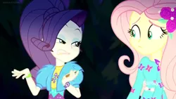 Size: 1366x768 | Tagged: safe, derpibooru import, screencap, fluttershy, rarity, equestria girls, equestria girls series, sunset's backstage pass!, spoiler:eqg series (season 2), discovery family logo, faic, geode of shielding, glow, magical geodes, night