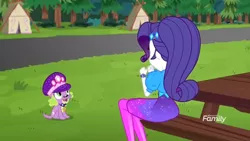 Size: 1366x768 | Tagged: safe, derpibooru import, screencap, rarity, spike, spike the regular dog, dog, equestria girls, equestria girls series, sunset's backstage pass!, spoiler:eqg series (season 2), ass, butt, cropped, discovery family logo, hat, rearity, spike's dog collar, spike's festival hat, table, tail, tent