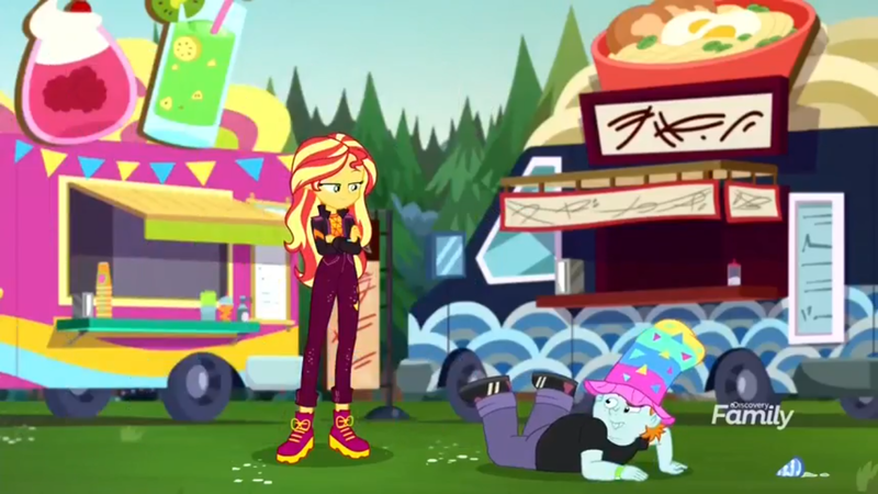 Size: 1366x768 | Tagged: safe, derpibooru import, screencap, snips, sunset shimmer, equestria girls, equestria girls series, sunset's backstage pass!, spoiler:eqg series (season 2), crossed arms, discovery family logo, food cart, hat, ice cream cone, rainbow hat, top hat, wristband, written equestrian