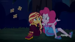 Size: 1366x768 | Tagged: safe, derpibooru import, screencap, pinkie pie, sunset shimmer, equestria girls, equestria girls series, sunset's backstage pass!, spoiler:eqg series (season 2), discovery family logo, flower, hand on shoulder, night, sitting, sleeveless