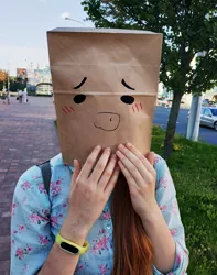 Size: 1705x2160 | Tagged: artist:tavifly, blushing, clothes, cosplay, costume, derpibooru import, human, irl, irl human, i think that's not the paper bag pony, looking at you, oc, oc:paper bag, paper bag, photo, safe, unofficial characters only