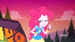 Size: 1366x768 | Tagged: safe, derpibooru import, screencap, pinkie pie, equestria girls, equestria girls series, sunset's backstage pass!, spoiler:eqg series (season 2), bedroom eyes, discovery family logo, solo, two fingers