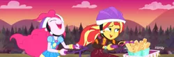 Size: 2348x768 | Tagged: safe, derpibooru import, edit, edited screencap, screencap, pinkie pie, sunset shimmer, equestria girls, equestria girls series, sunset's backstage pass!, spoiler:eqg series (season 2), churros, discovery family logo, evening, food, forest background, helmet, panorama, riding, tandem bicycle