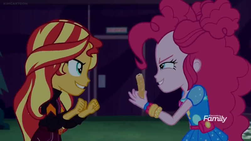 Size: 1366x768 | Tagged: safe, derpibooru import, screencap, pinkie pie, sunset shimmer, equestria girls, equestria girls series, sunset's backstage pass!, spoiler:eqg series (season 2), churros, clenched fist, discovery family logo, door, evil grin, food, grin, night, sinister, smiling