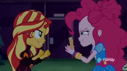 Size: 1366x768 | Tagged: safe, derpibooru import, screencap, pinkie pie, sunset shimmer, equestria girls, equestria girls series, sunset's backstage pass!, spoiler:eqg series (season 2), churros, clenched fist, discovery family logo, door, evil grin, food, grin, night, sinister, smiling