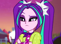 Size: 1476x1080 | Tagged: safe, derpibooru import, screencap, aria blaze, max steele, equestria girls, equestria girls series, sunset's backstage pass!, spoiler:eqg series (season 2), ascot, background human, cropped, crossed arms, female, male, pigtails, raised eyebrow, security guard, solo, twintails, unimpressed