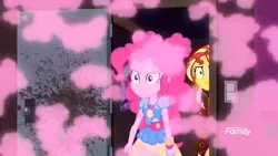 Size: 1366x768 | Tagged: safe, derpibooru import, screencap, pinkie pie, sunset shimmer, equestria girls, equestria girls series, sunset's backstage pass!, spoiler:eqg series (season 2), breaking and entering, discovery family logo, explosion, light switch, pink smoke, smoke