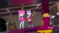 Size: 1366x768 | Tagged: safe, derpibooru import, screencap, kiwi lollipop, sunset shimmer, supernova zap, equestria girls, equestria girls series, sunset's backstage pass!, spoiler:eqg series (season 2), boot, cabinet, cymbals, discovery family logo, music player, pointing