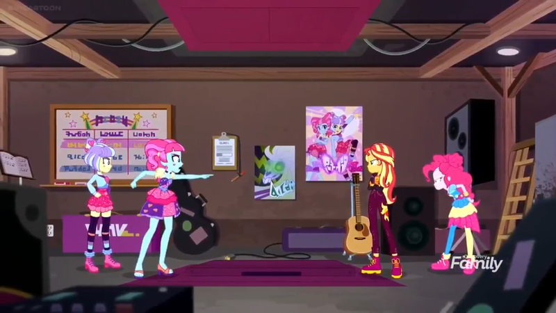 Size: 1366x768 | Tagged: safe, derpibooru import, screencap, kiwi lollipop, pinkie pie, sunset shimmer, supernova zap, equestria girls, equestria girls series, sunset's backstage pass!, spoiler:eqg series (season 2), backstage, carpet, clipboard, clothes, discovery family logo, guitar, ladder, musical instrument, pointing, poster, schedule, shoes, sneakers, socks, speakers, stockings, thigh highs