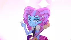 Size: 1366x768 | Tagged: safe, derpibooru import, screencap, kiwi lollipop, equestria girls, equestria girls series, sunset's backstage pass!, spoiler:eqg series (season 2), discovery family logo, simple background, solo, two fingers, white background