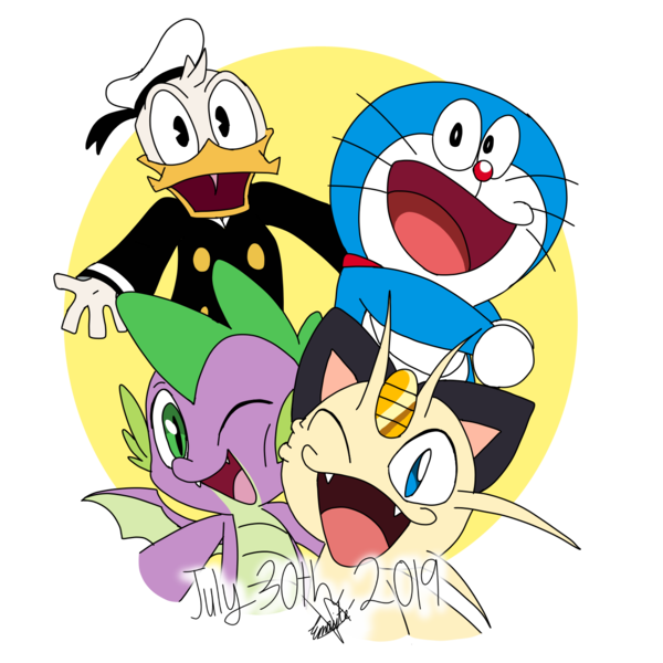 Size: 1414x1414 | Tagged: artist:emositecc, bird, cat, crossover, derpibooru import, donald duck, doraemon, dragon, duck, duck tales 2017, meowth, pokémon, safe, spike, winged spike