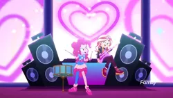 Size: 1366x768 | Tagged: safe, derpibooru import, screencap, pinkie pie, sunset shimmer, equestria girls, equestria girls series, sunset's backstage pass!, spoiler:eqg series (season 2), clothes, digital screen, discovery family logo, drums, drumsticks, guitar, heart, musical instrument, shoes, singing, sneakers, speakers
