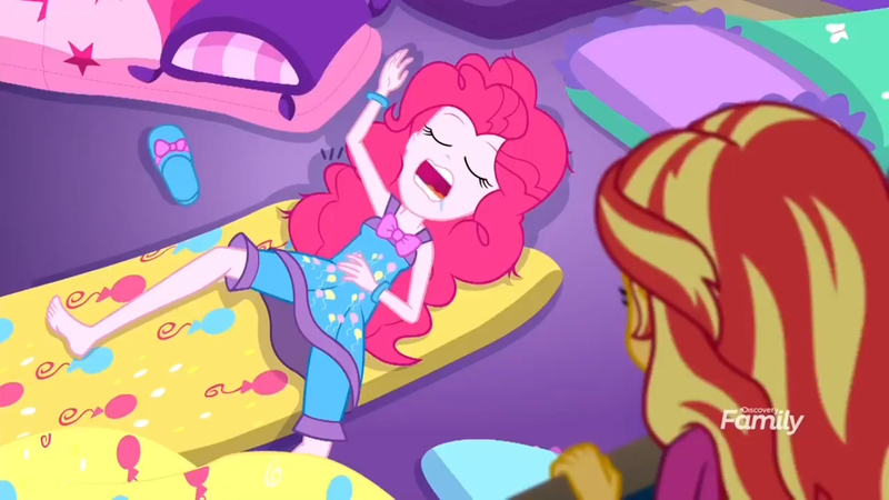 Size: 1366x768 | Tagged: safe, derpibooru import, screencap, pinkie pie, sunset shimmer, equestria girls, equestria girls series, sunset's backstage pass!, spoiler:eqg series (season 2), barefoot, bed, clothes, discovery family logo, drool, feet, laying on bed, laying on floor, mattress, on bed, open mouth, pajamas, sleeping, sleepy, slippers, snoring