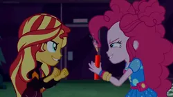 Size: 1229x691 | Tagged: safe, derpibooru import, edit, edited screencap, screencap, pinkie pie, sunset shimmer, equestria girls, equestria girls series, sunset's backstage pass!, spoiler:eqg series (season 2), clothes, dynamite, explosives